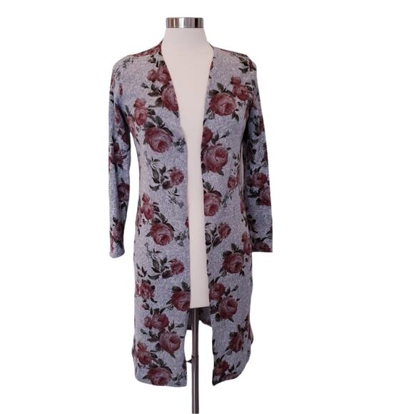 Skonhet Floral Rose Heather Gray Long Soft Cardigan Size Small - Picture 1 of 5